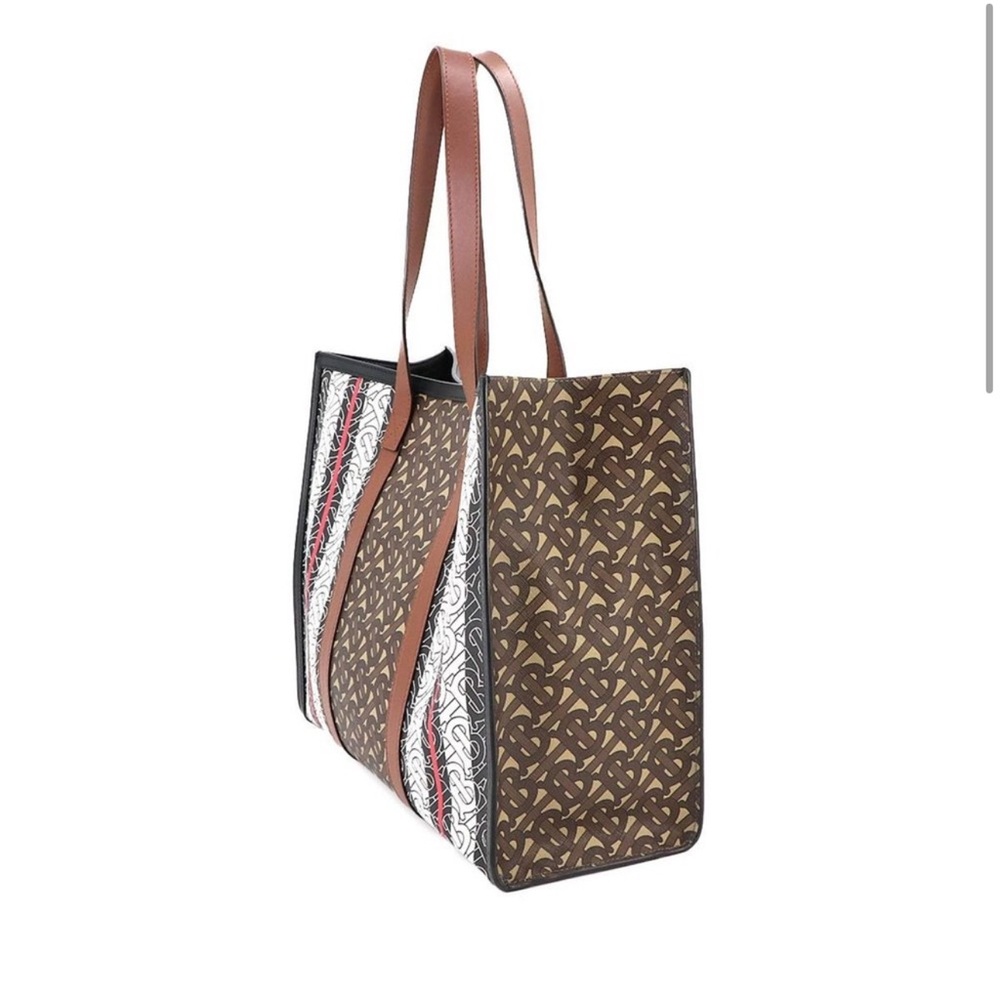 Burberry Monogram Stripe Leather Brown Black White 8019383 Travel Tote Bag - Picture 3 of 9